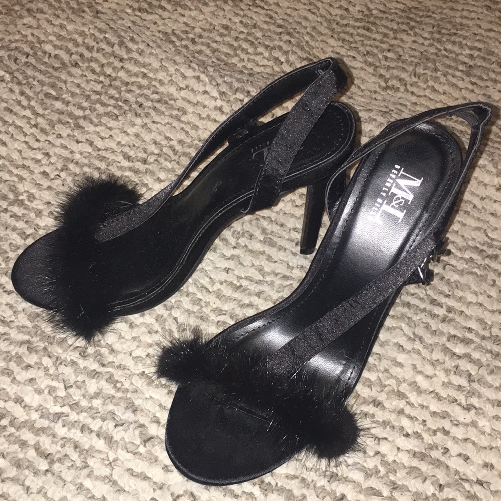 Satin Faux Fur Open Toe Slingback Stiletto Sandal